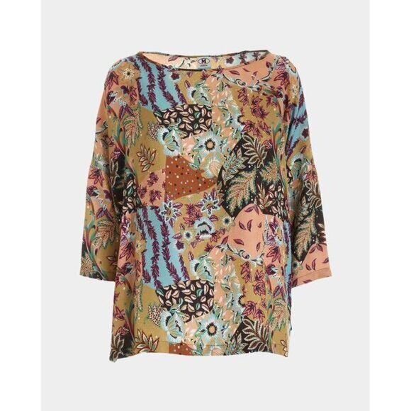 NWT M MISSONI Ocher Silk Blend Floral Print 3/4 Sleeve Blouse Womens Sz XS - Picture 2 of 9